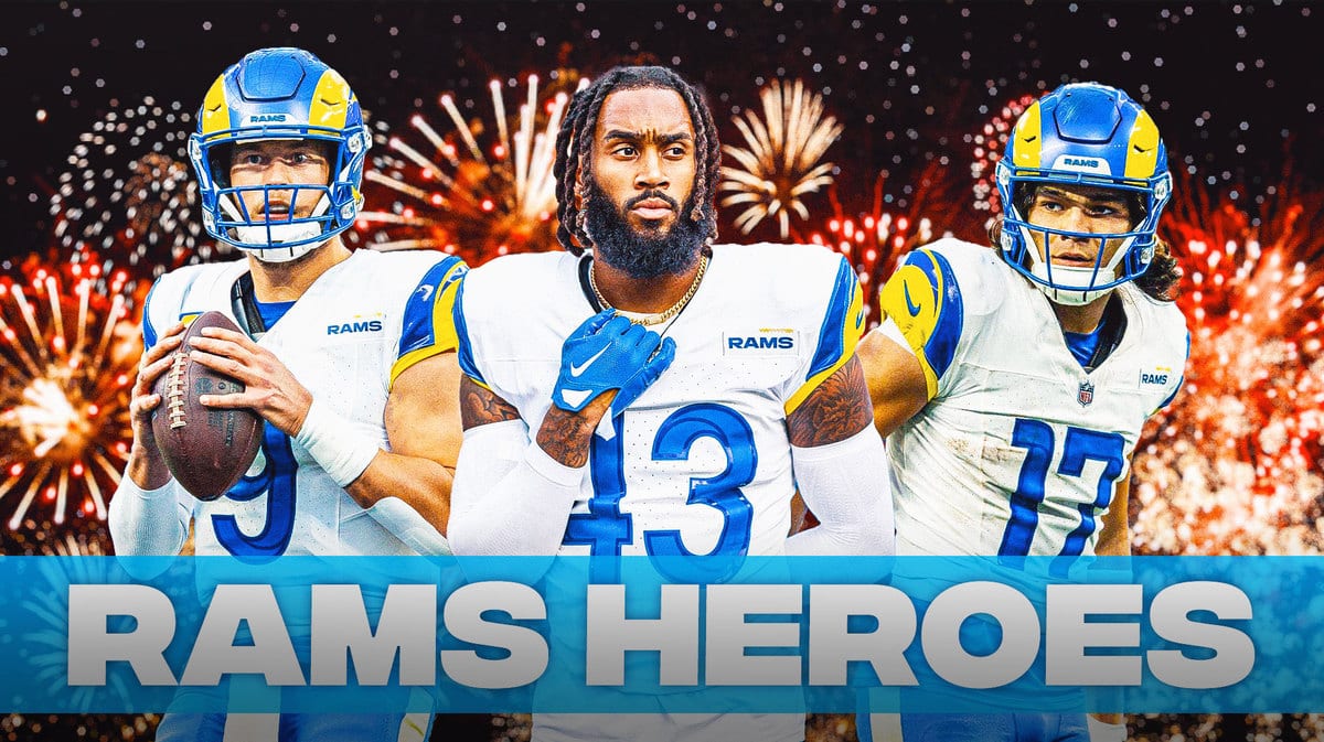 Matthew Stafford, Puka Nacua, John Johnson all beside each other with fireworks in the background.