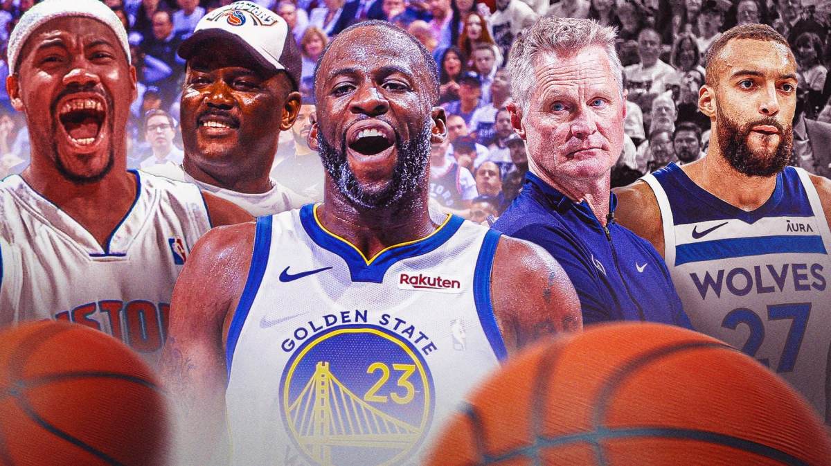 Draymond Green, Rasheed Wallace, and Joe Dumars smiling and Steve Kerr and Rudy Gobert looking disappointed