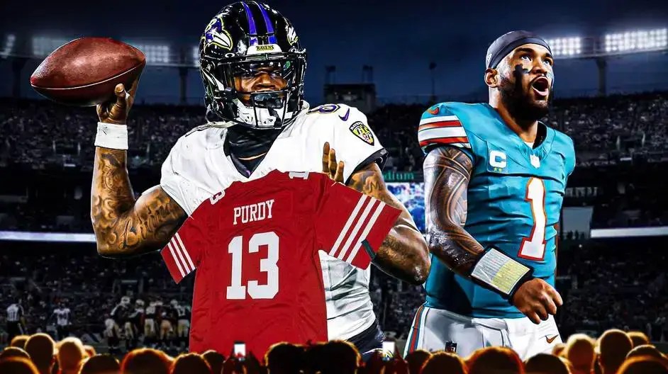 Ravens' Lamar Jackson holding a burnt jersey of 49ers' Brock Purdy, with Dolphins' Tua Tagovailoa looking on