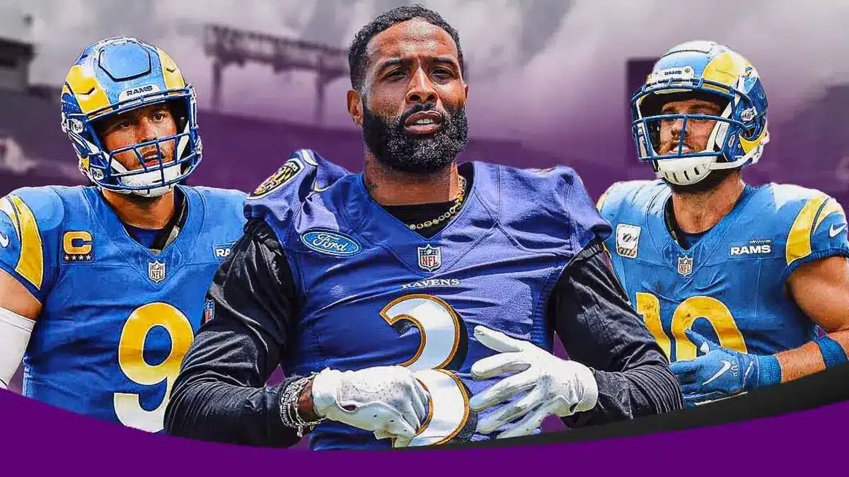 Baltimore Ravens' WR Odell Beckham Jr. in front of image, with LA Rams' Matthew Stafford and Cooper Kupp on each side of him in background