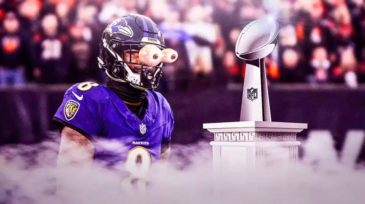 Lamar Jackson with big eye emojis looking at a lombardi trophy