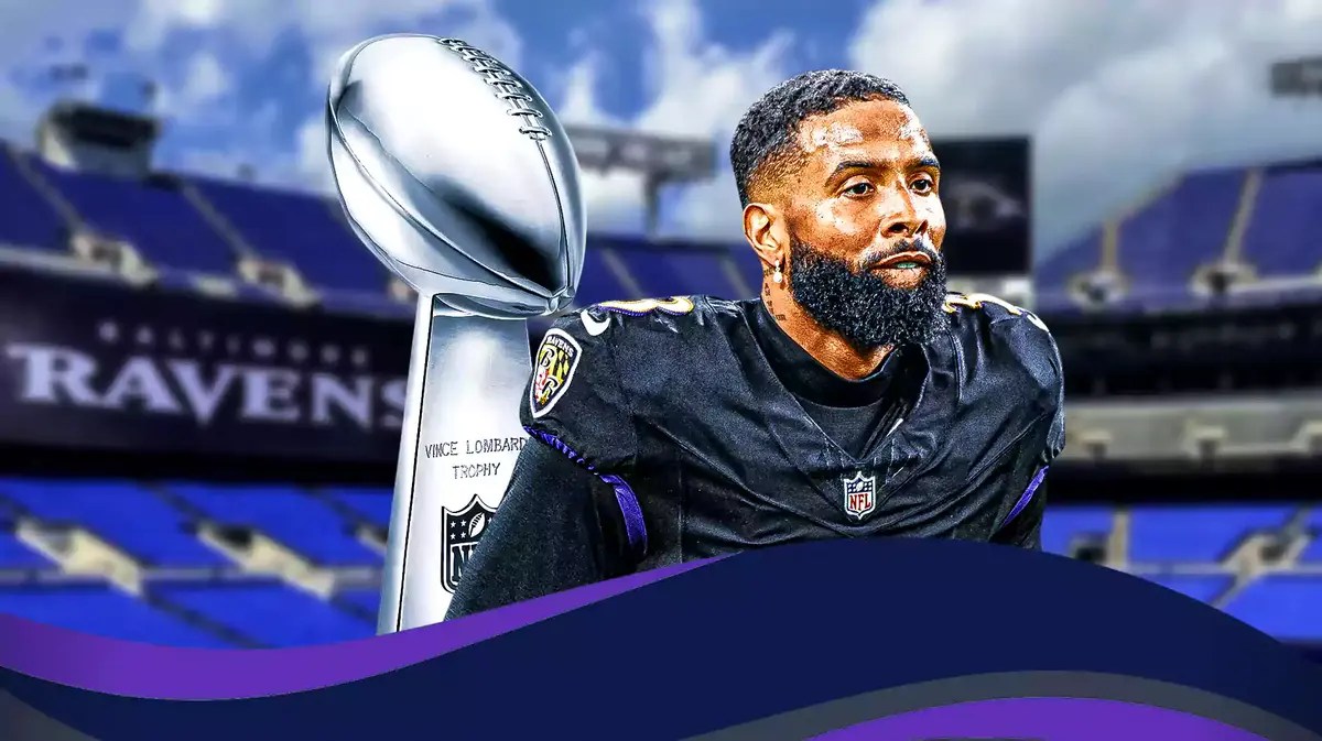 Ravens' Odell Beckham Jr. looking serious with the Super Bowl trophy in the background