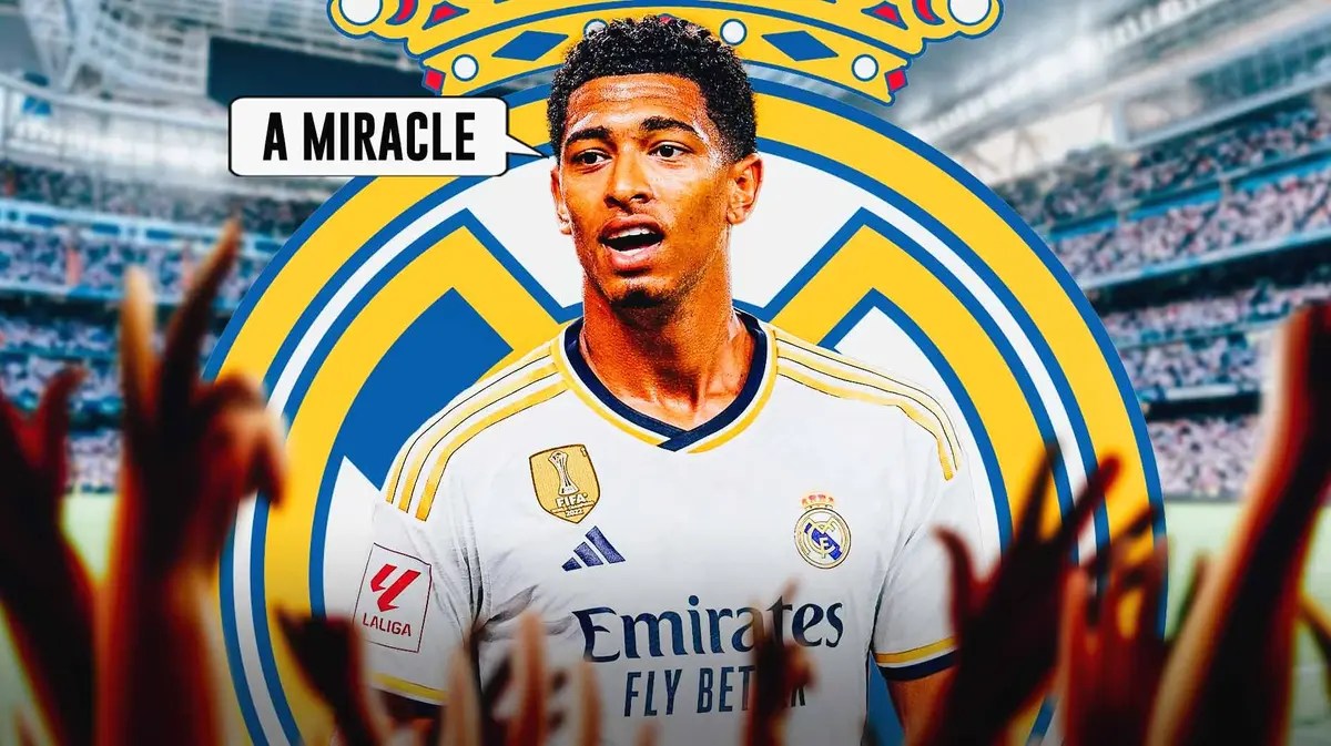 Jude Bellingham saying:'A miracle' in front of the Real Madrid logo