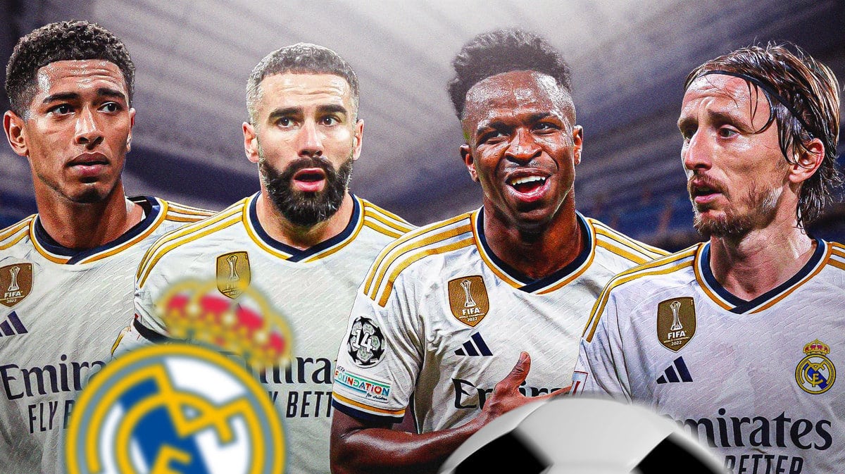 Luka Modric, vinicius jr., jude bellingham, dani carvajal in front of the Real Madrid logo
