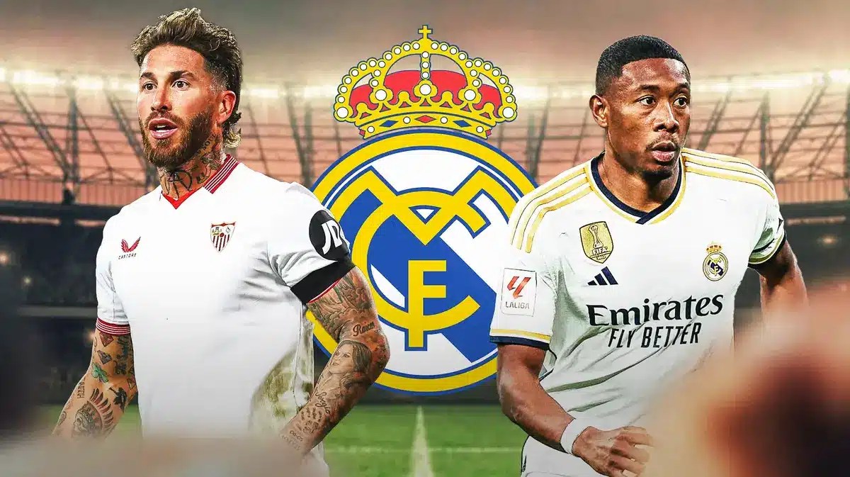 Sergio Ramos and David Alaba in front of the Real Madrid logo