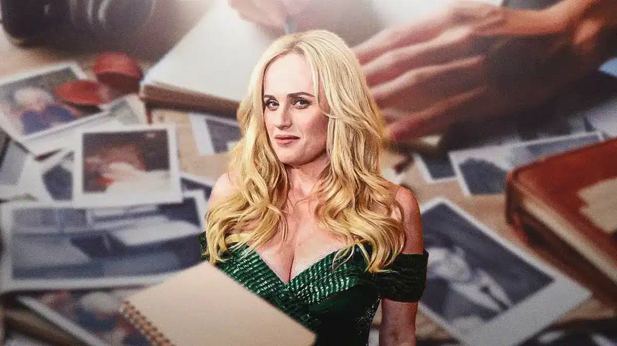 Rebel Wilson with paper around her.