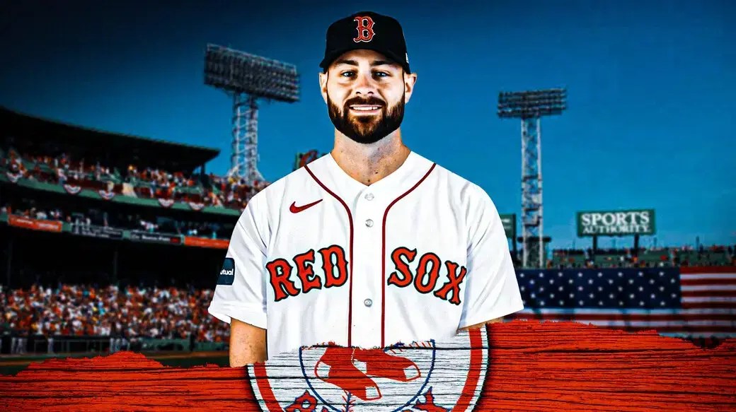 Photo: Lucas Giolito in a Red Sox uniform surrounded by mounds of money with the Red Sox logo next to him