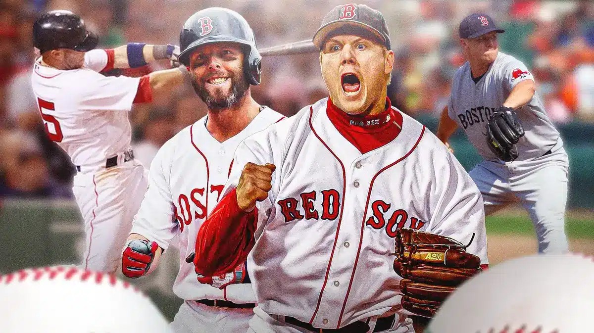 Red Sox’s Dustin Pedroia, Red Sox’s Jonathan Papelbon standing in front. In background, need Red Sox’s Dustin Pedroia swinging a bat and Red Sox’s Jonathan Papelbon pitching a baseball. Fenway Park background.