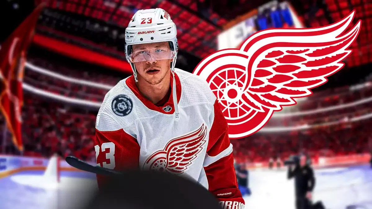 Red Wings star Lucas Raymond after scoring an overtime winner.