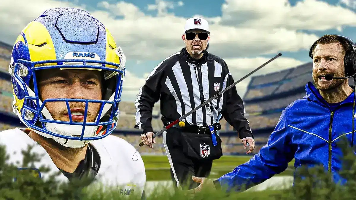 Rams' Matthew Stafford and Sean McVay looking at a blind referee