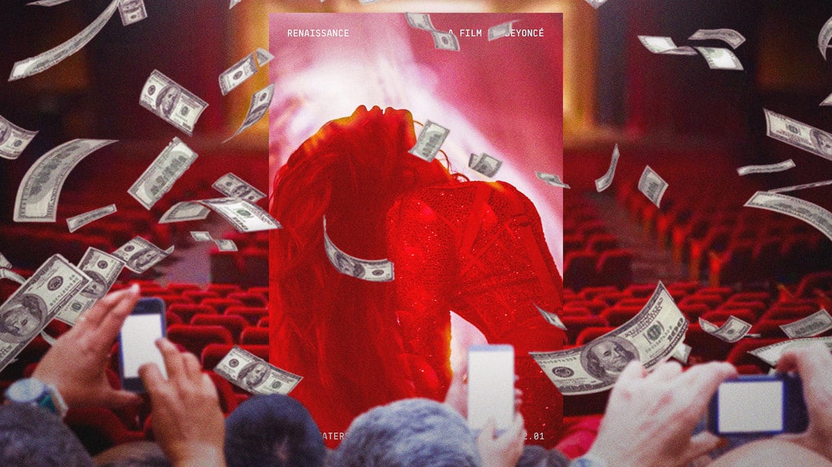 Poster for Renaissance: A Film by Beyoncé with fans and money floating around.