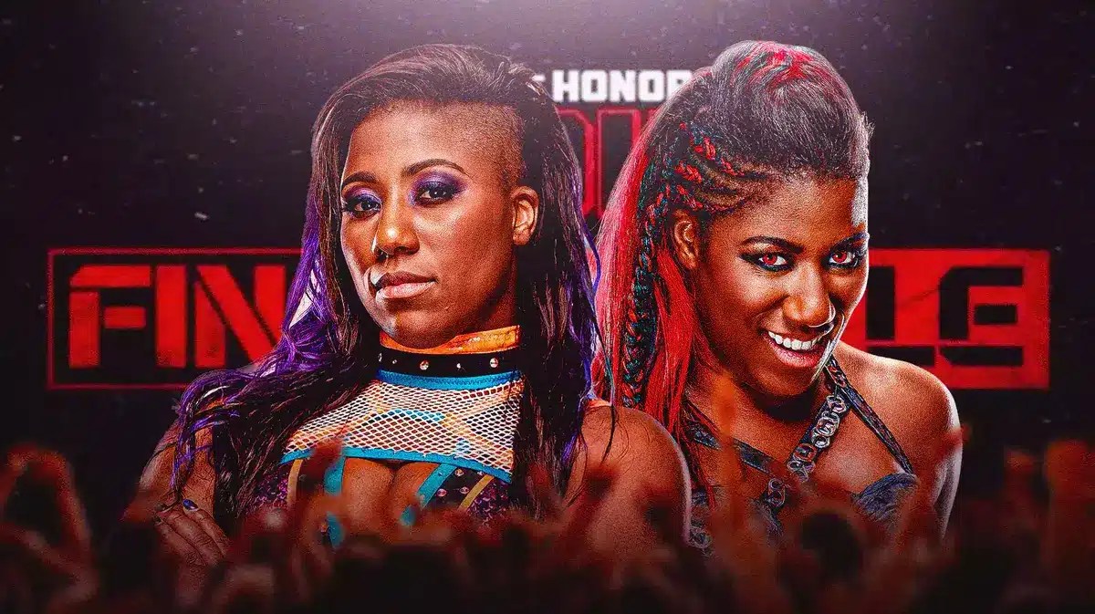 2023 AEW star Athena next to 2020 Ember Moon with the 2023 Ring of Honor Final Battle graphic as the background.