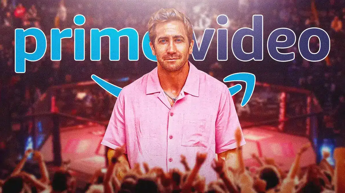 Road House star Jake Gyllenhaal with Prime Video logo and MMA octagona background.