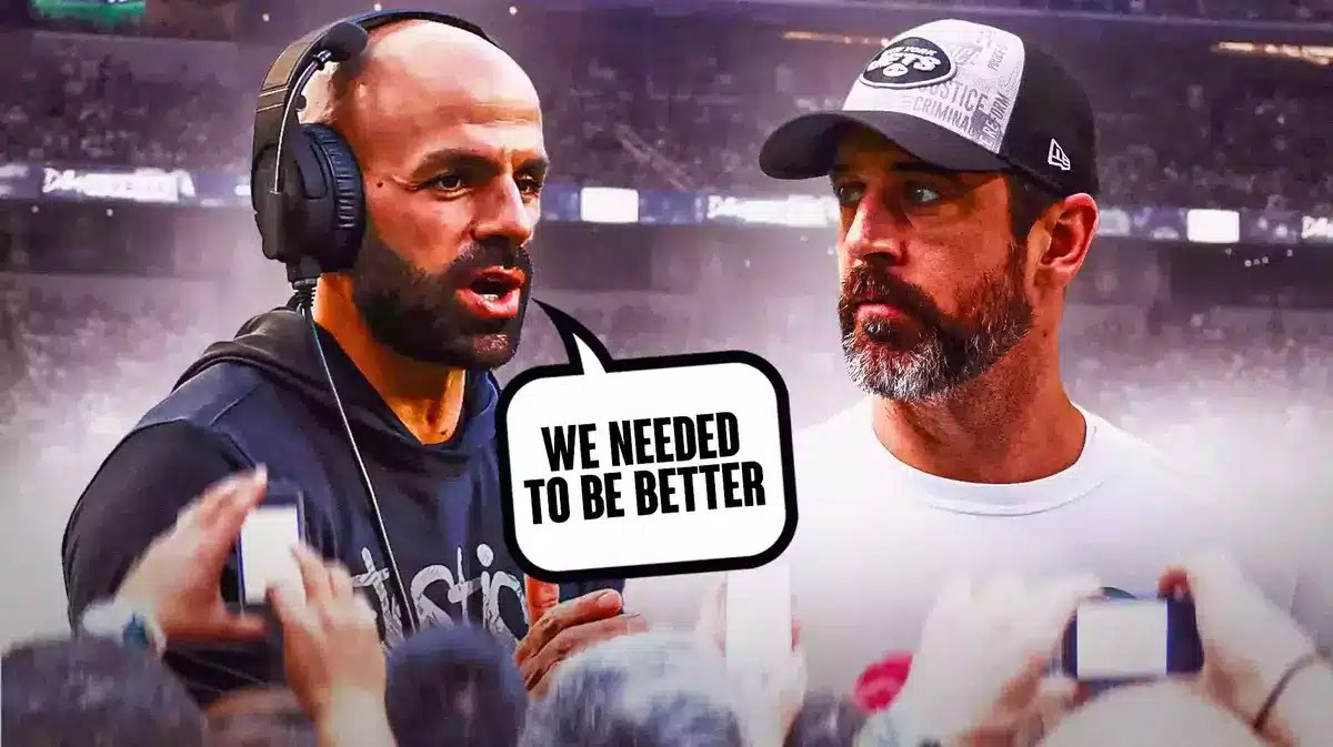 Robert Saleh saying “We needed to be better” with Aaron Rodgers in Jets clothes next to him