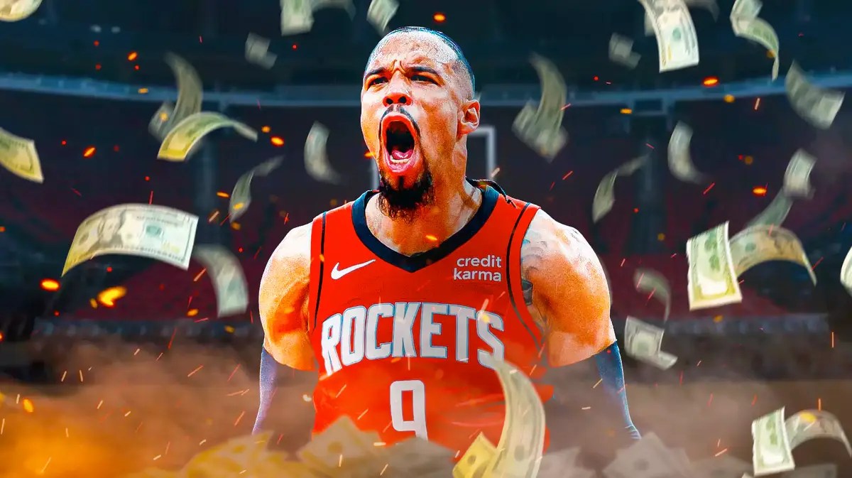Rockets' Dillon Brooks angry, with cash raining from the sky, fire emoji around Brooks