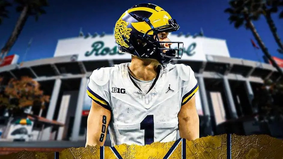 Michigan football, Wolverines, Alabama football, Roman Wilson, Rose Bowl, Roman Wilson in Michigan uni with Rose Bowl stadium in the background