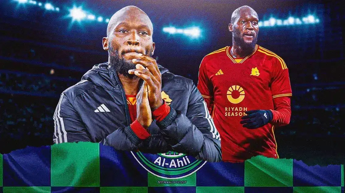 Romelu Lukaku in front of the Saudi Pro League logo