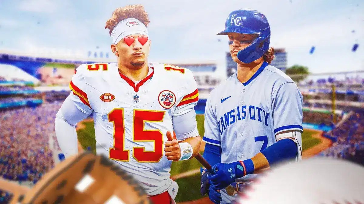 Patrick Mahomes with heart eyes looking at Bobby Witt Jr.