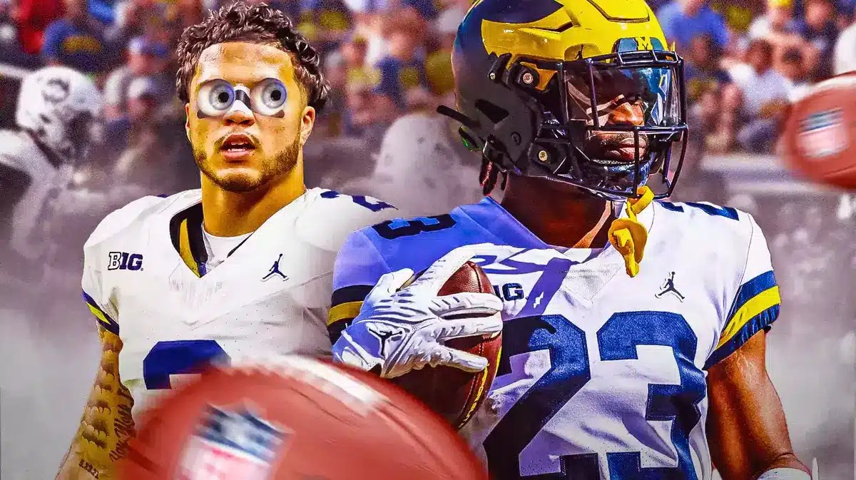 Michigan football’s Blake Corum eyes popping out looking at Michigan football’s CJ Stokes