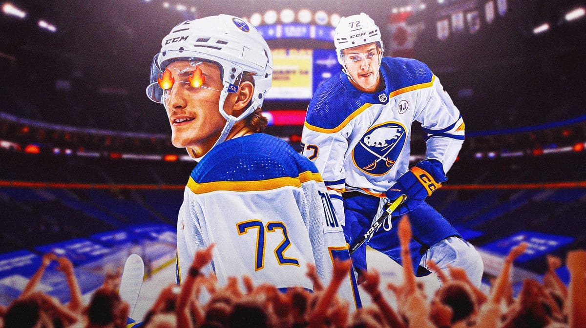 Action shot of Tage Thompson (Sabres) with fire in eyes