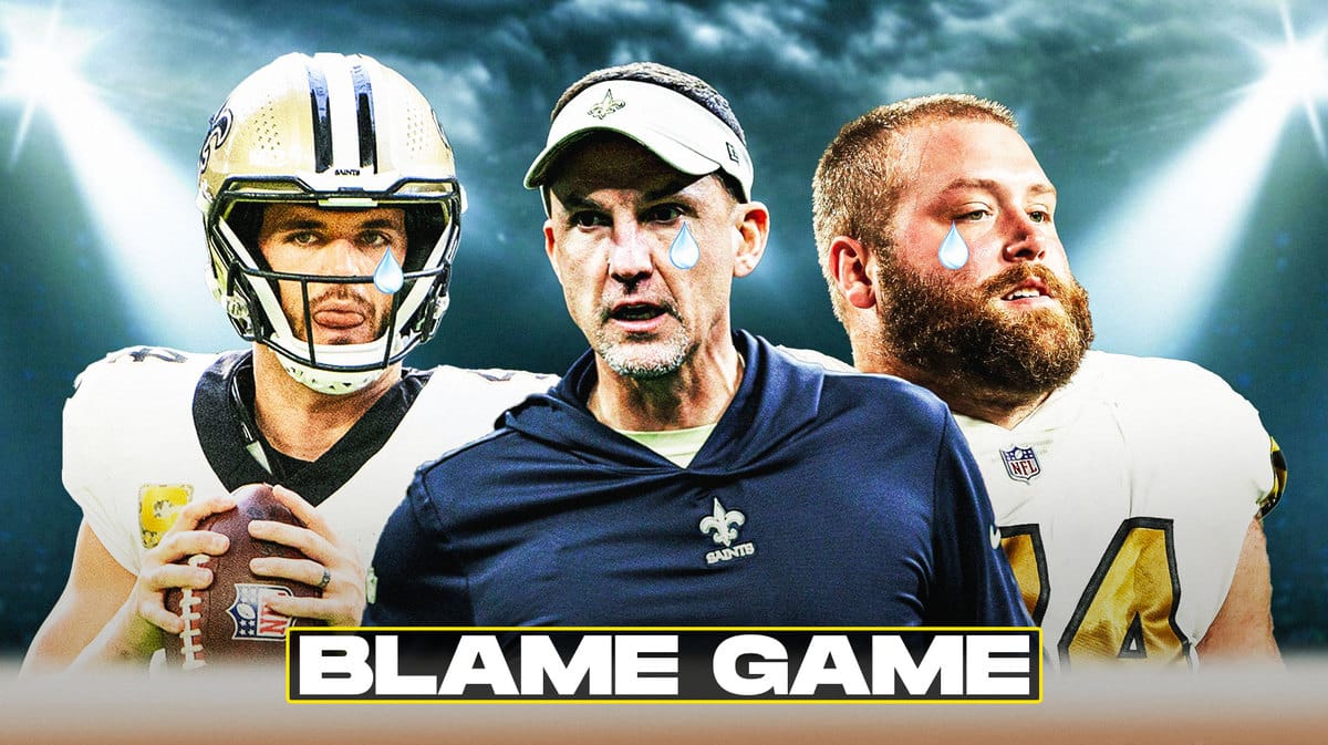 Dennis Allen, Derek Carr, James Hurst all with tear emojis 💧 and with crying New Orleans Saints fans in the background.