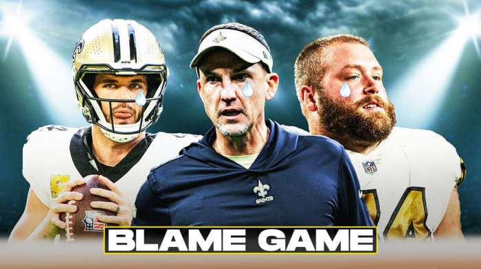 Dennis Allen, Derek Carr, James Hurst all with tear emojis 💧 and with crying New Orleans Saints fans in the background.