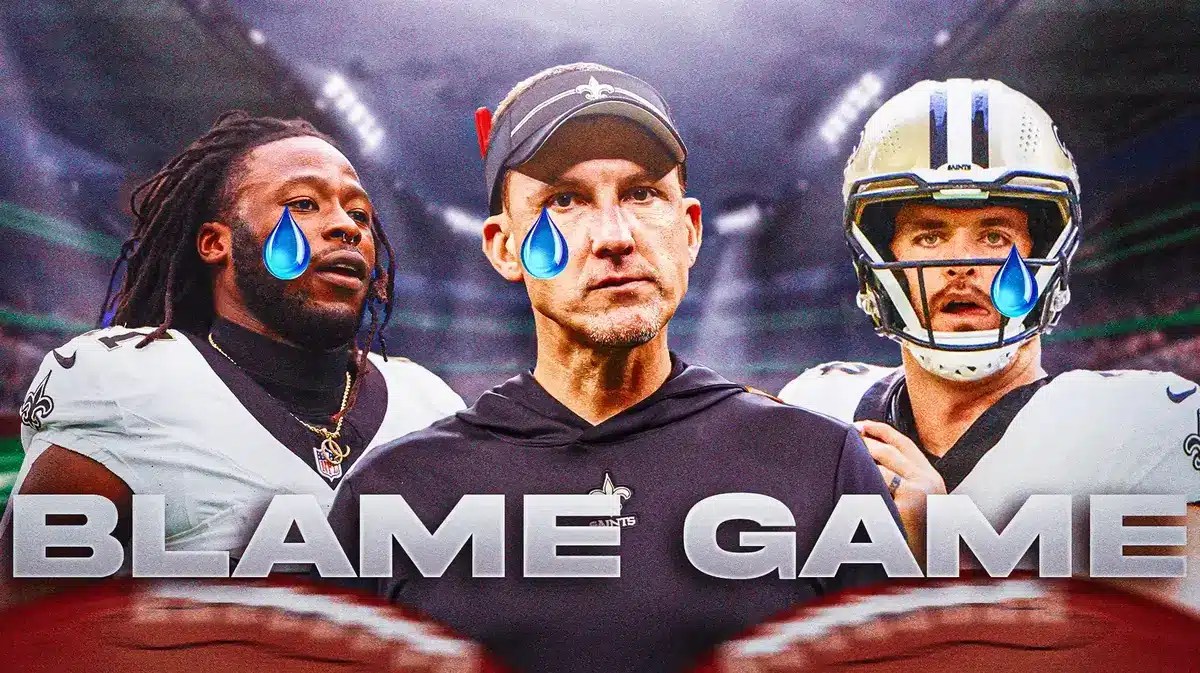 Derek Carr, Alvin Kamara, Dennis Allen all with tear emojis 💧 and with a landslide in the background.