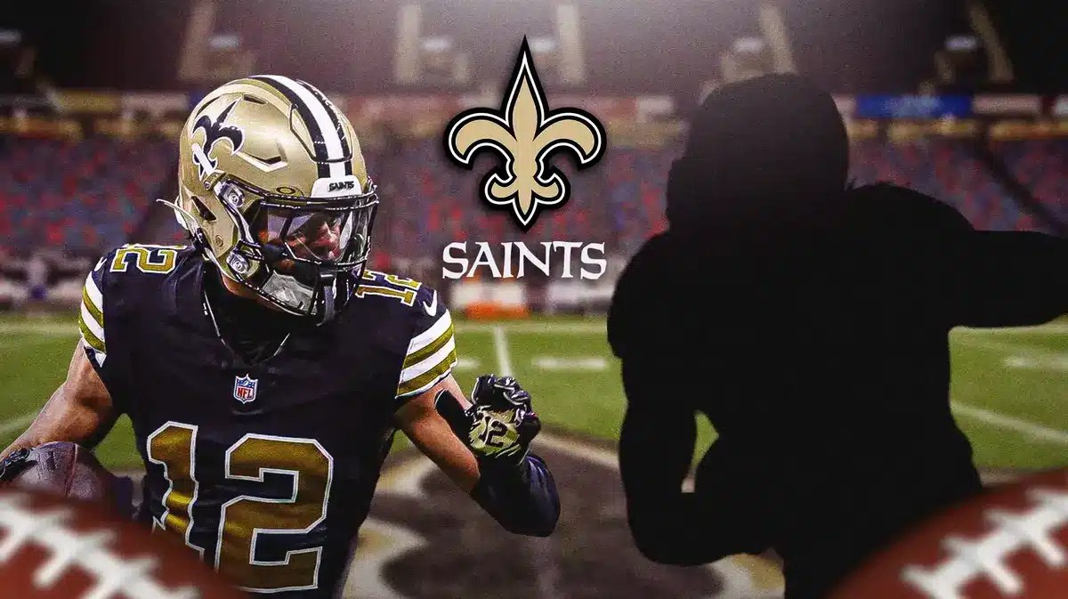 Saints WR Chris Olave next to a silhouette receiver