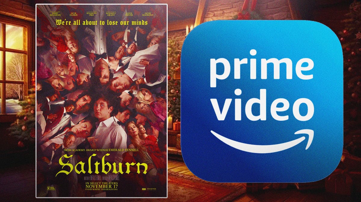 Saltburn poster next to Prime Video logo and Christmas background.
