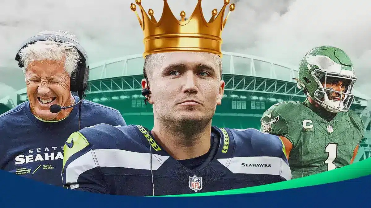 Seahawks Pete Carroll and Drew Lock with Eagles Jalen Hurts