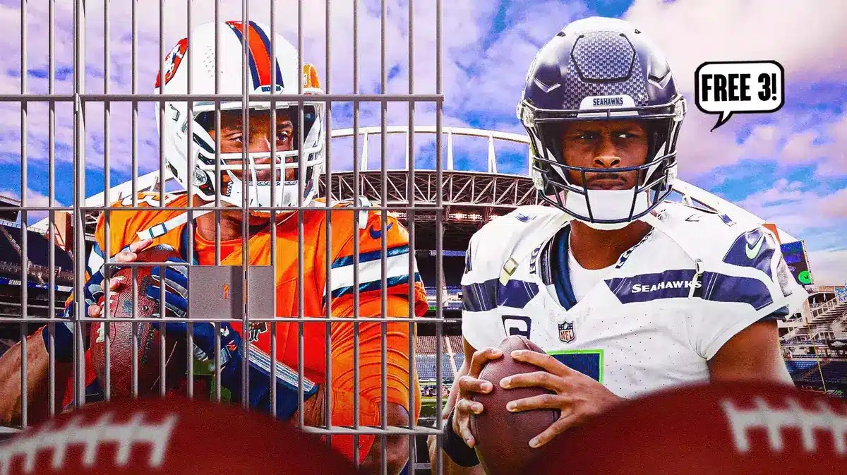 Broncos QB Russell Wilson behind bars, and Seahawks QB Geno Smith saying "Free 3!"
