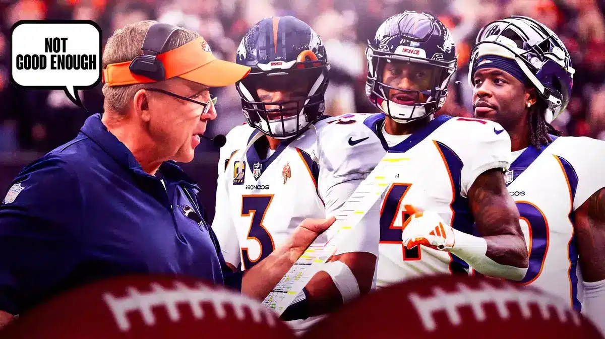 Photo: Sean Payton coaching Broncos saying “Not good enough”, Russell Wilson, Courtland Sutton, Jerry Jeudy behind him looking serious