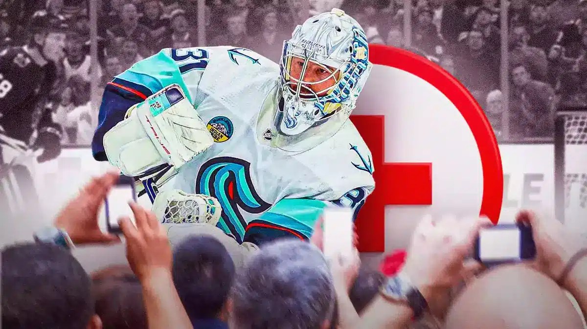 ACTION SHOT of Philipp Grubauer (Kraken) with medical cross symbol