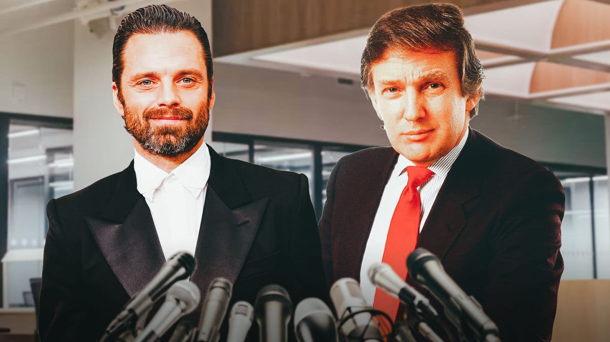 Sebastian Stan next to Donald Trump in office background.