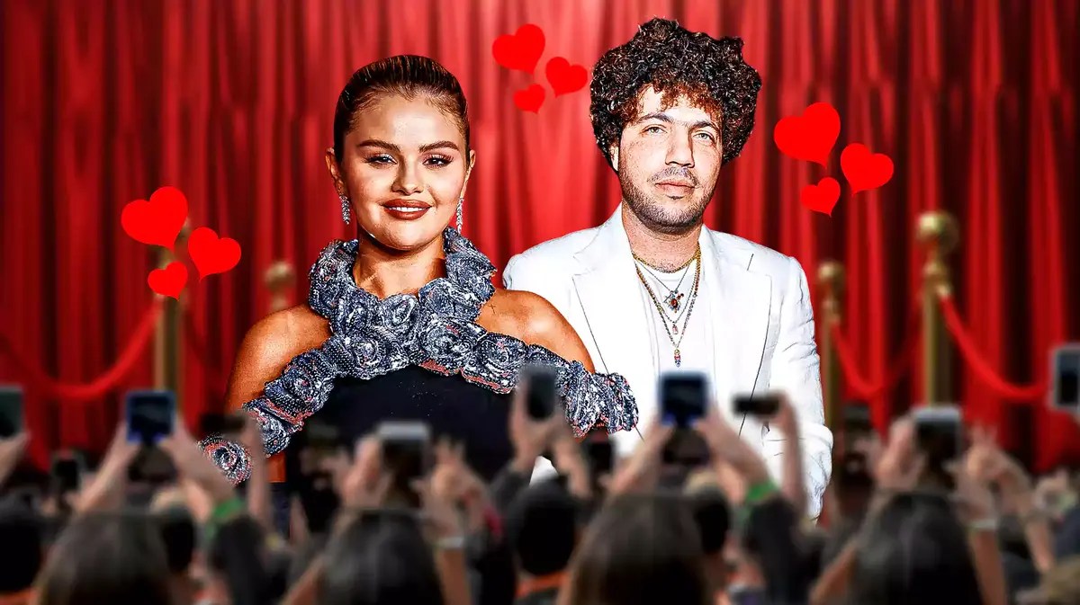 Selena Gomez and Benny Blanco with hearts around them