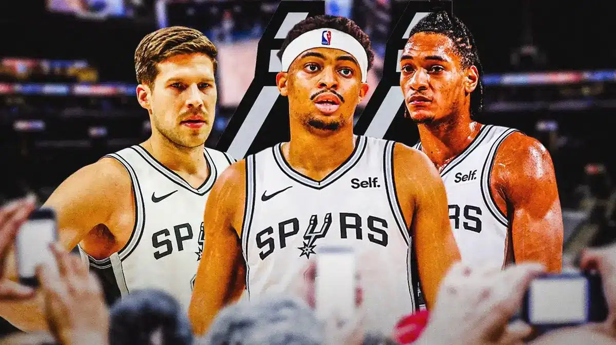 Devin Vassell, Keldon Johnson and Doug McDermott in image, SA Spurs logo, basketball court in background