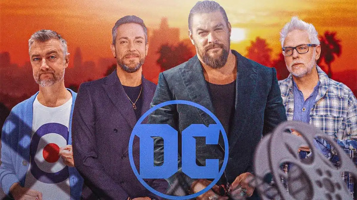 Sean Gunn, Shazam! star Zachary Levi, Jason Momoa, James Gunn with DCU logo.
