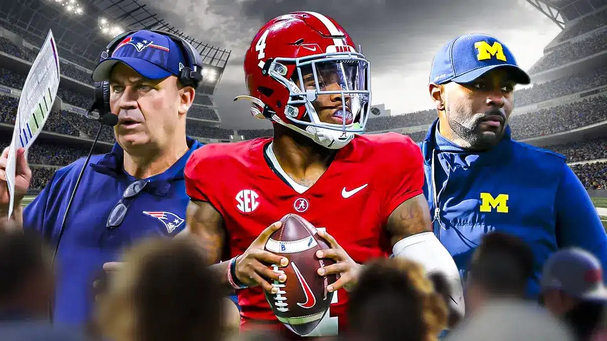Michigan football Sherrone Moore with Alabama football Jalen Milroe and Bill O'Brien