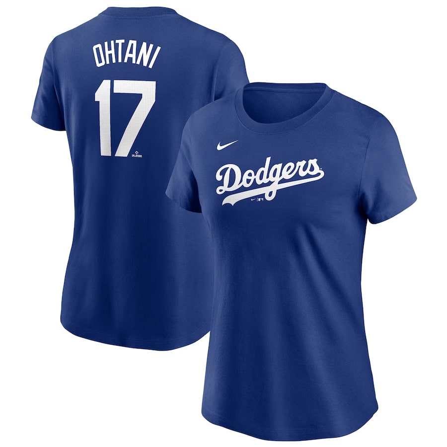 Shohei Ohtani Los Angeles Dodgers Nike Women's 2024 Fuse Name & Number T-Shirt – Royal Blue colored on a white background.