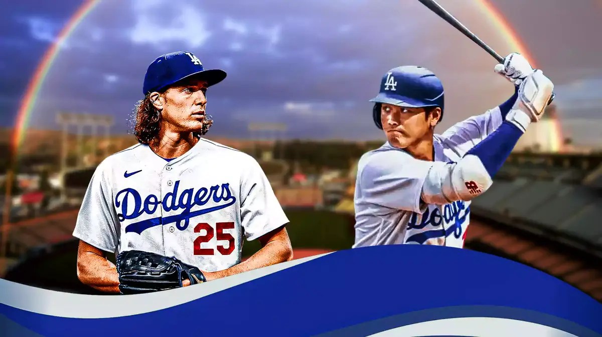 Photo: Shohei Ohtani hitting in Dodgers jersey, Tyler Glasnow pitching in Dodgers jersey, Dodger Stadium as background