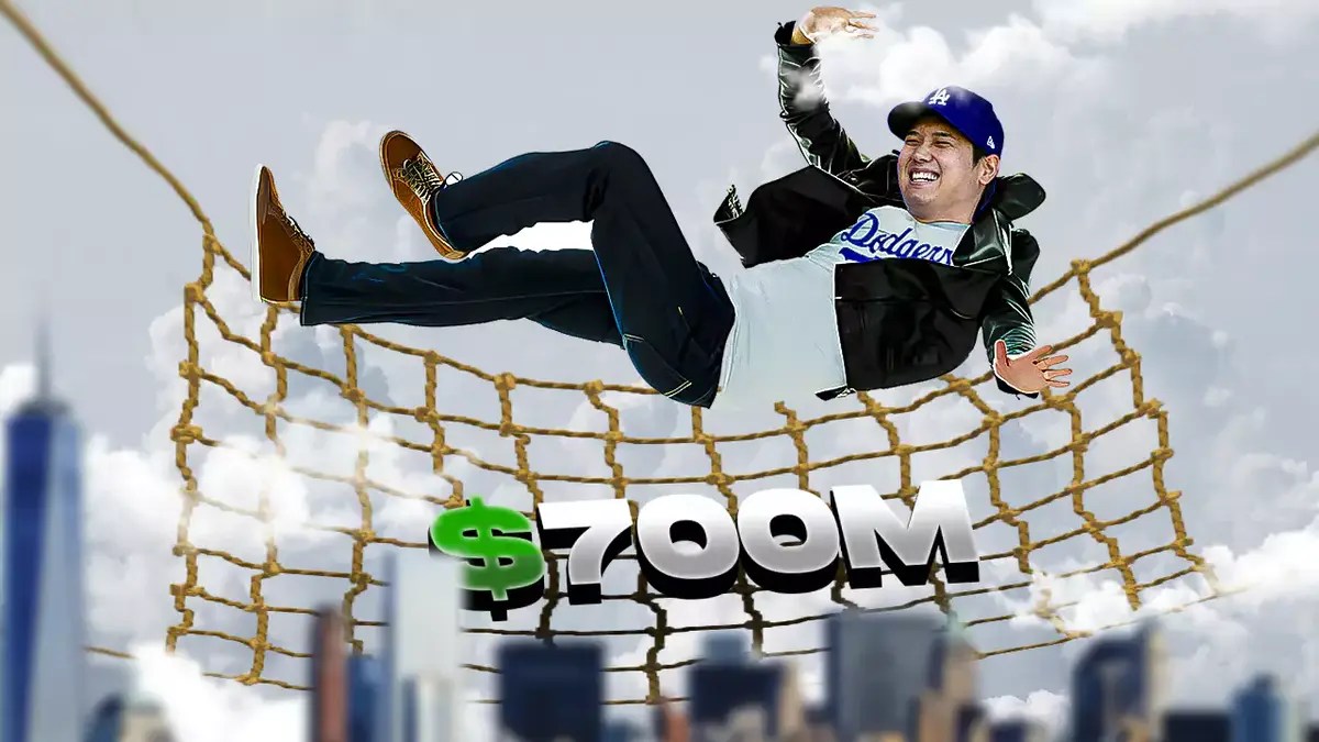 Los Angeles Dodgers' Shohei Ohtani laying or falling into a safety net (something like this I like) and please put a “$700m” text graphic somewhere on the net to signify the contract he signed.