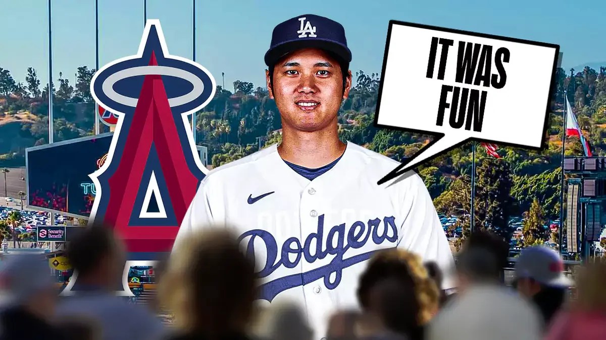 Los Angeles Dodgers' Shohei Ohtani and speech bubble “It Was Fun” and logo of his former team, the Los Angeles Angels.