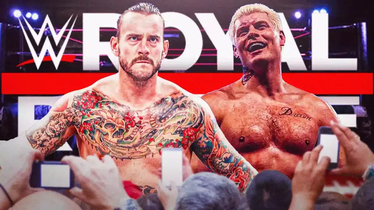 Photo: CM Punk, Cody Rhodes with Royal Rumble logo behind them