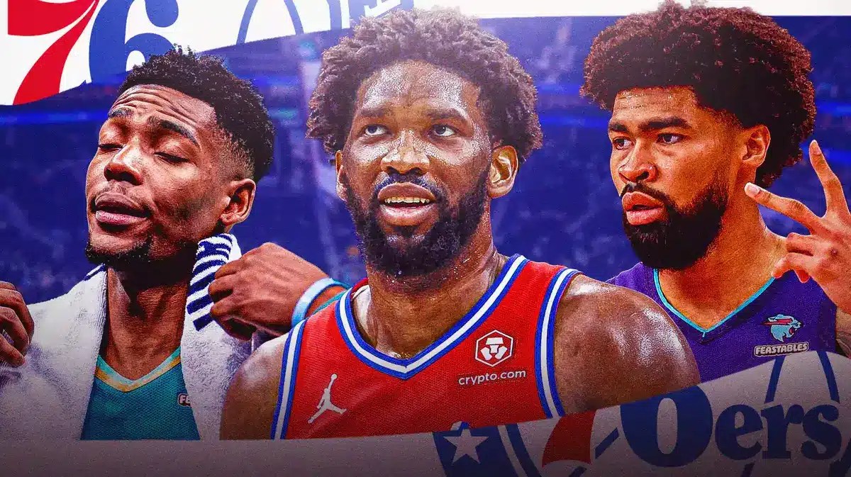 Hornets' Brandon Miller and Nick Richards next to Sixers' Joel Embiid smiling