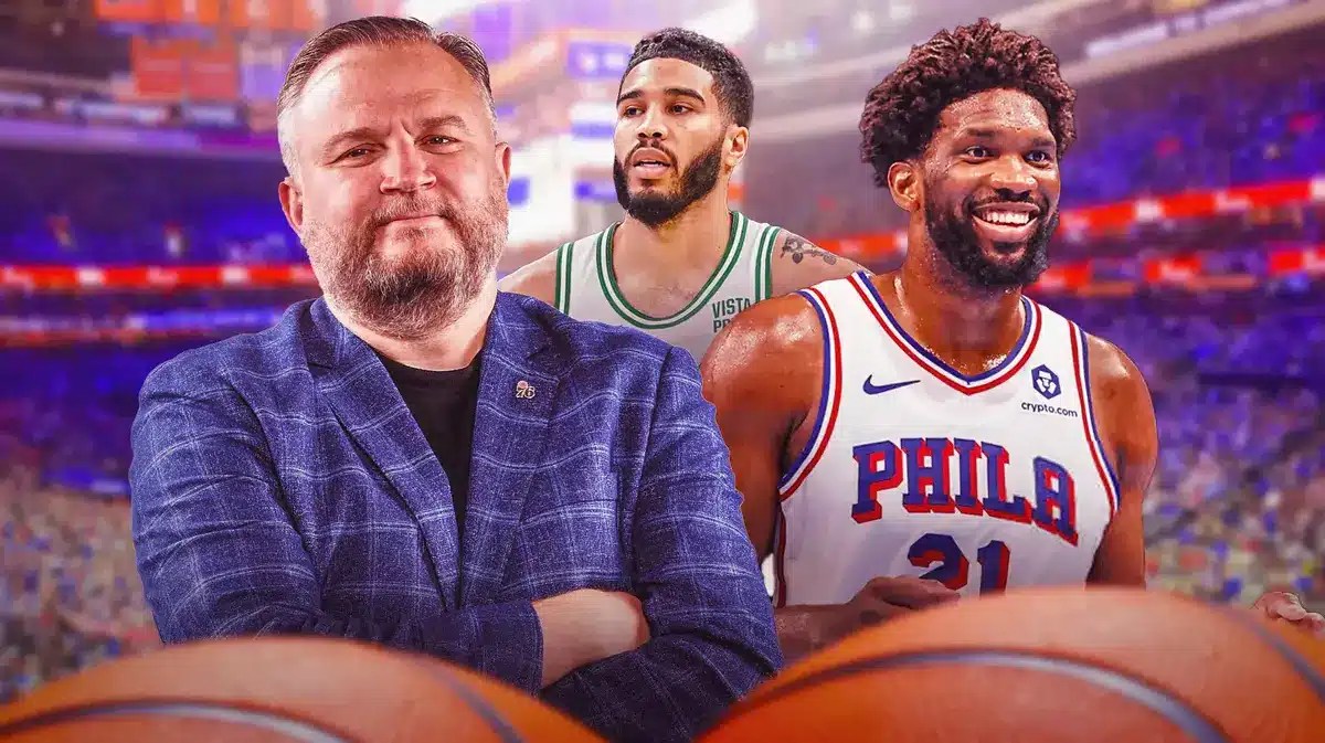 Sixers' Daryl Morey and Joel Embiid and Celtics' Jayson Tatum