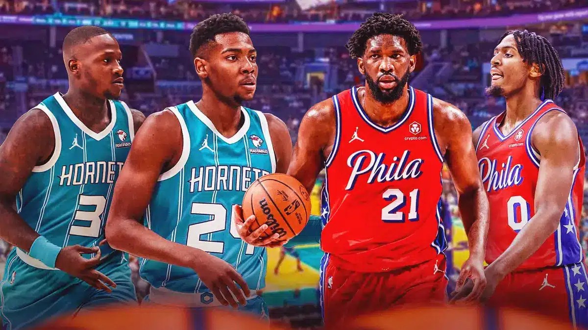 Hornets' Terry Rozier and Brandon Miller and Sixers' Joel Embiid and Tyrese Maxey