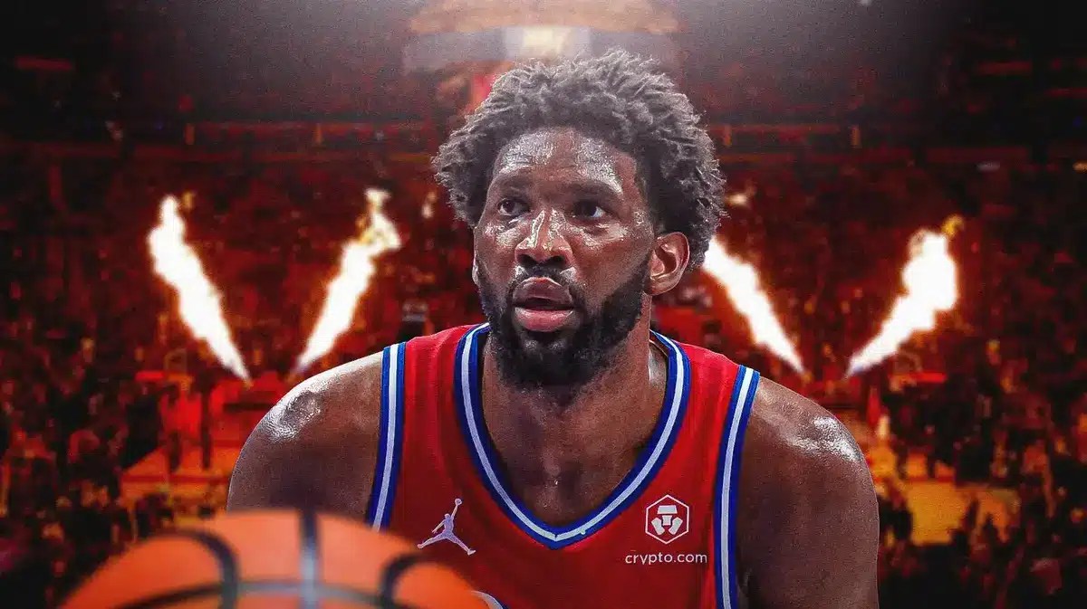Sixers' Joel Embiid in front of the Heat court