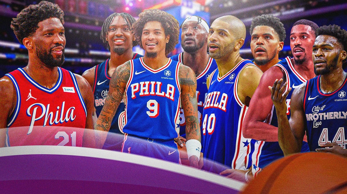 Sixers' Joel Embiid looking at Tyrese Maxey, Kelly Oubre Jr, Robert Covington, Nicolas Batum, Tobias Harris, De’Anthony Melton and Paul Reed
