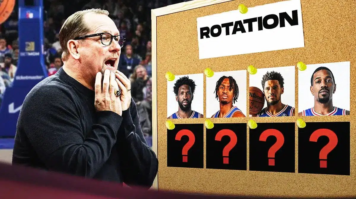 Nick Nurse looking at a bulletin board with pictures of Sixers playes Joel Embiid, Tyrese Maxey, Tobias Harris and De'Anthony Melton with four open spots