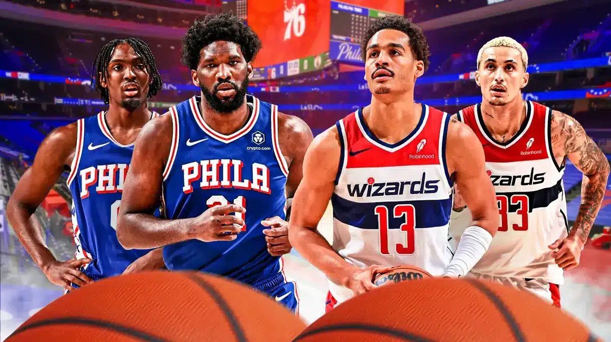 Sixers' Tyrese Maxeyy and Joel Embiid and Wizards' Jordan Poole and Kyle Kuzma